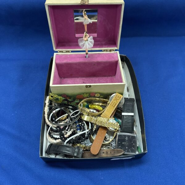 Costume jewellery lot with a decorative jewellery box and watches.