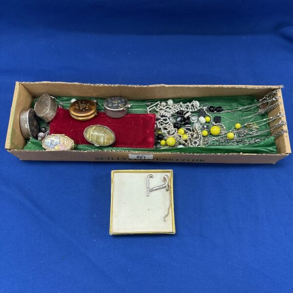 Mixed lot of vintage costume jewellery and decorative pill pots.