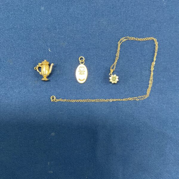 Silver pendant necklace set with floral and chalice charms.