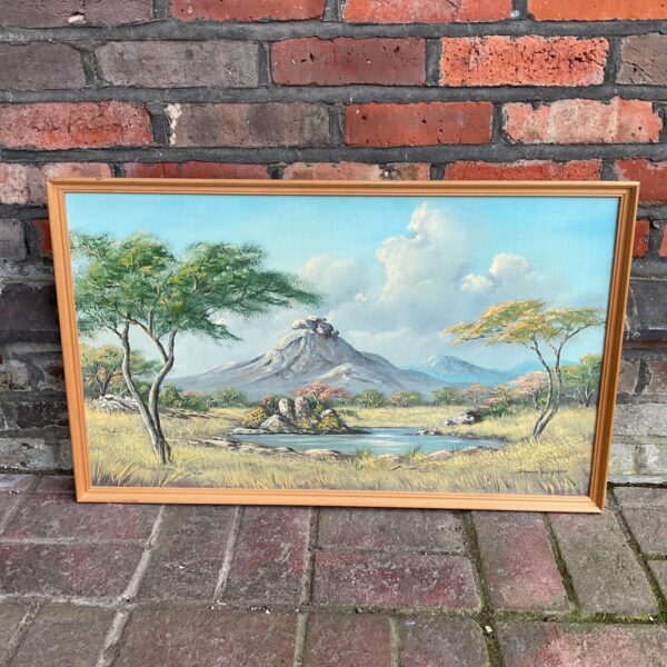 Dieuwie Holthuysen African savanna painting with mountain scenery.