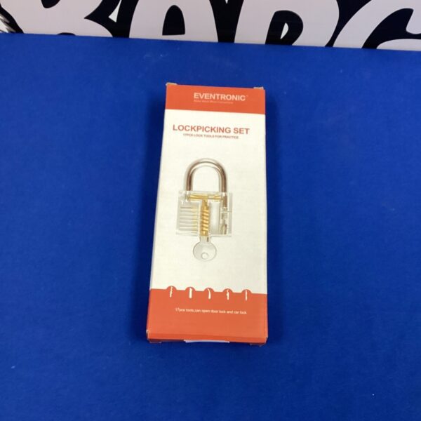 Eventronic lockpicking set with various tools in a clear case.