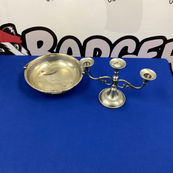 Vintage silverplate fruit bowl and candlestick set for elegant decor.