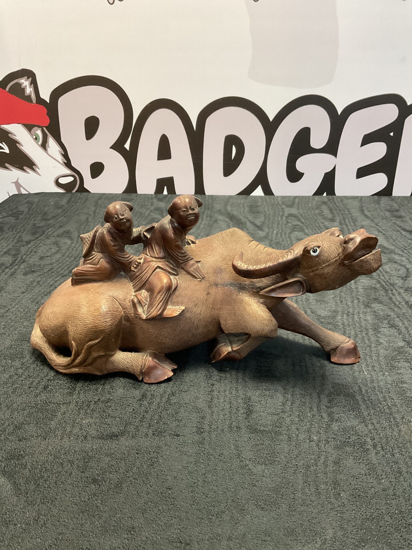 064 Vintage hand carved oriental water buffalo with figures (one horn broken)