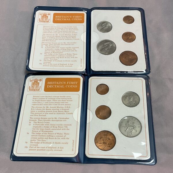 Britain's first decimal coins set from 1971, a collectible item.