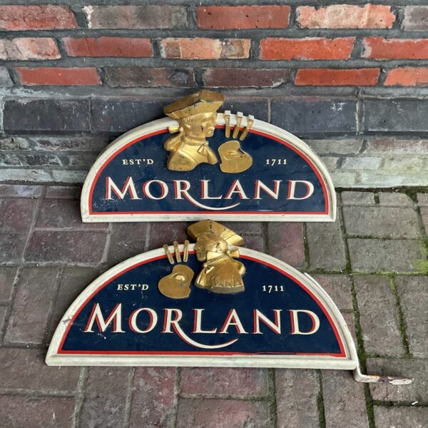 Vintage Morland pub signs, a pair of cast iron brewery advertisements.