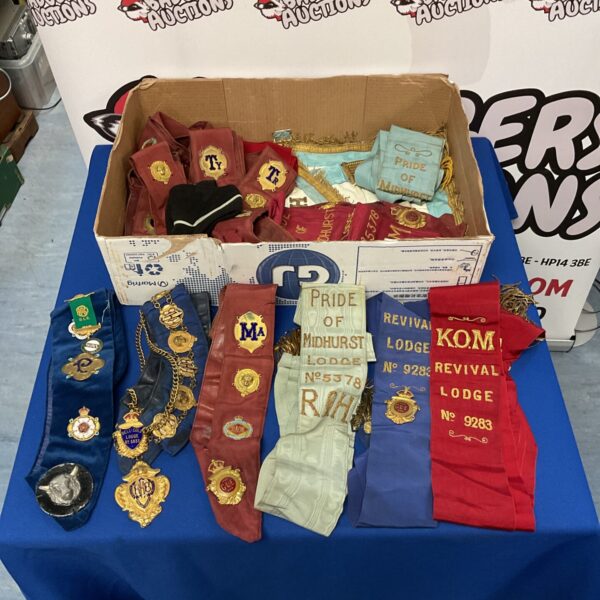 Collection of vintage RAOB Lodge Officer Sashes with embroidered details.