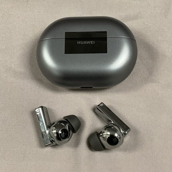 Huawei earbuds and charging case for wireless audio enjoyment.