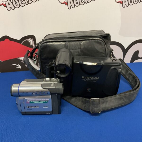 Vintage Panasonic and Sharp 8mm camcorders, retro video technology.
