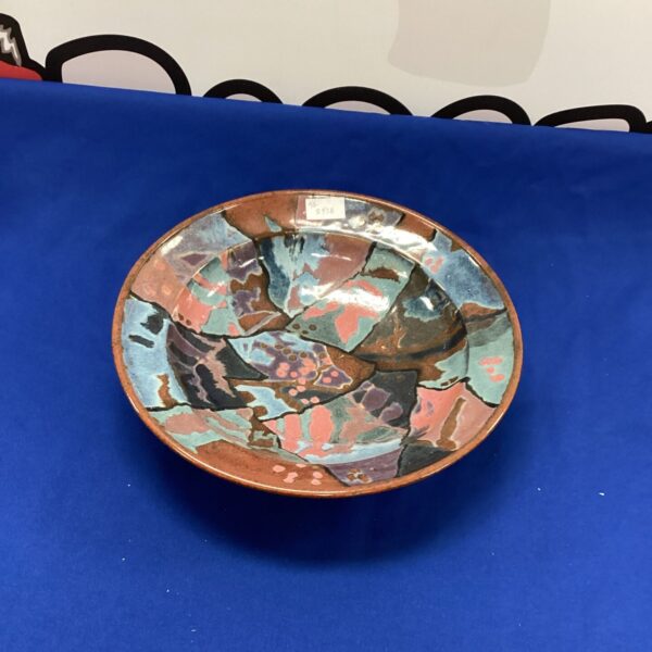 Vintage Jane Butler Cole fruit bowl with abstract orange and pink pattern.