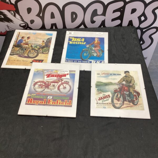 Vintage reproduction motorcycle advertising prints featuring Royal Enfield, James Cadet and BSA.