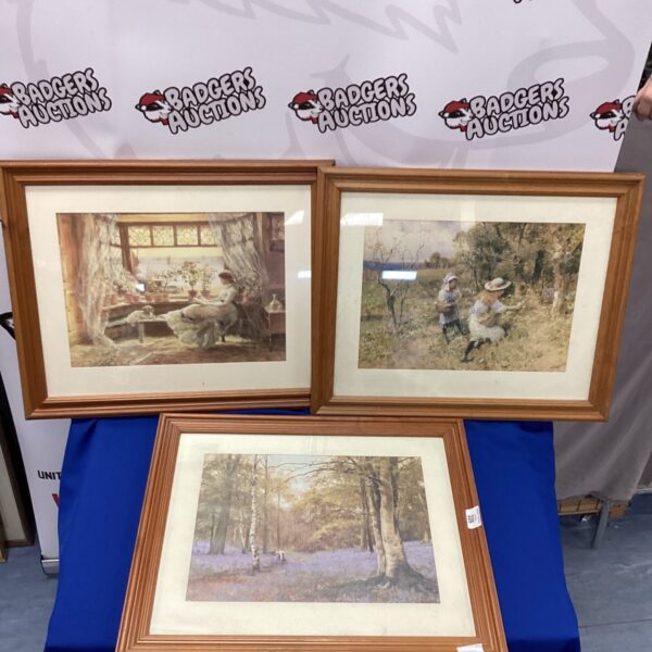Vintage framed prints featuring a woodland scene and idyllic countryside views.