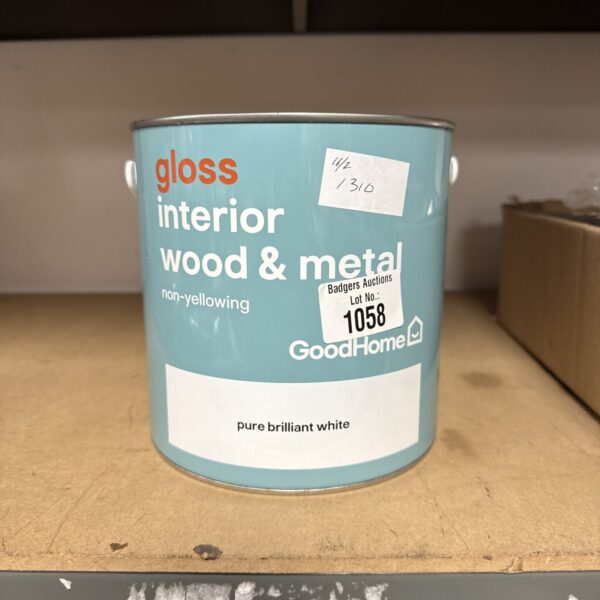 Tin of brilliant white interior wood and metal paint.