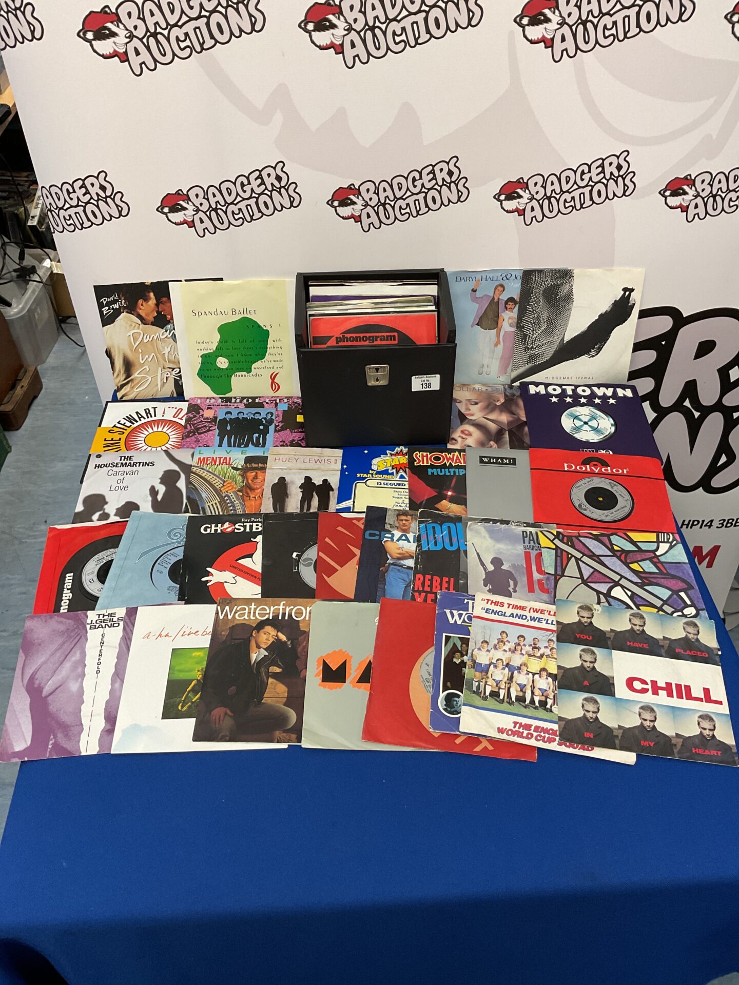 138 Case of 7” single vinyl records including david bowie