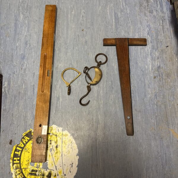 Vintage spirit level with try square and brass scales.