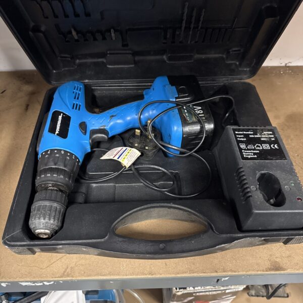 Powerbase cordless drill set in carry case, DIY power tool.