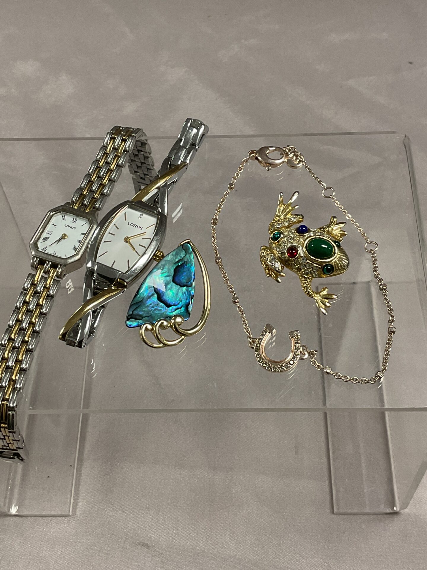 926 Two lorus watches two brooches inc a frog and bracelet