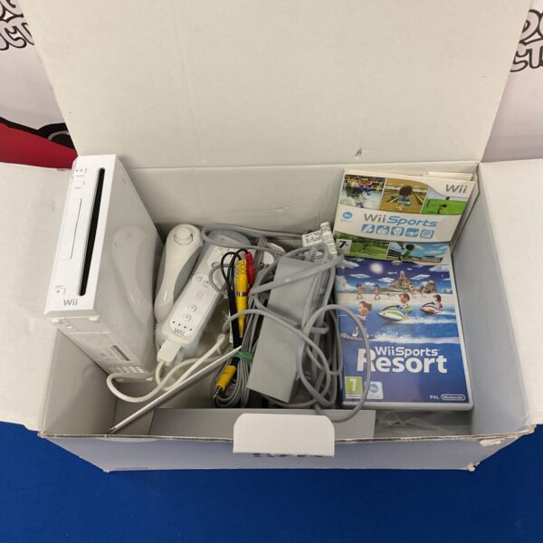 Nintendo Wii console with Wii Sports game, retro gaming system.
