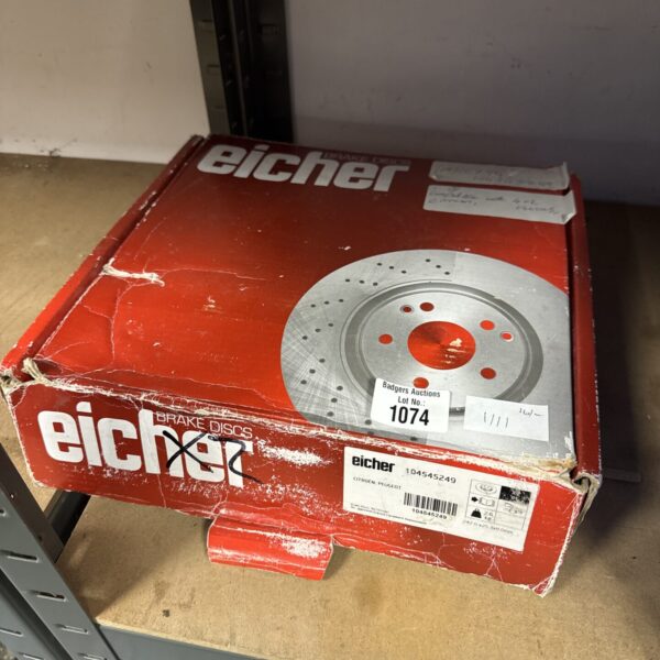 New Eicher brake disks for Citroen and Peugeot vehicles in packaging.
