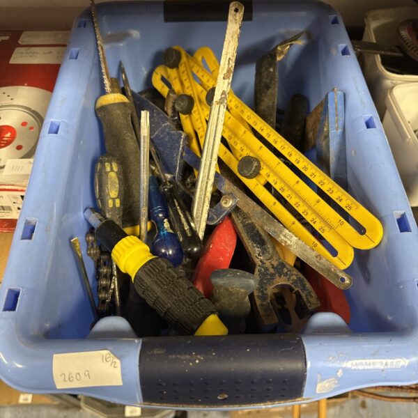 Mixed tool lot with screwdrivers, wrenches, and pliers in a container.