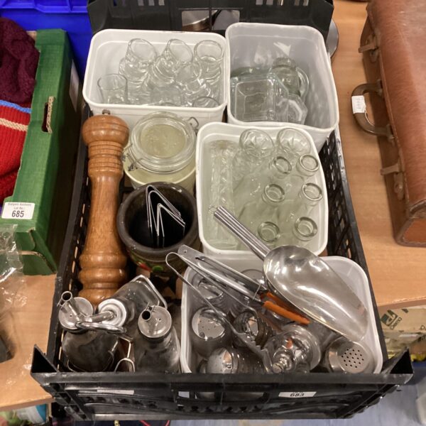 Catering supplies lot including glass jars and shakers.