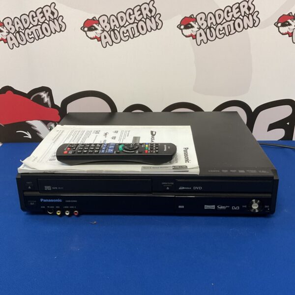 Panasonic DMR-EZ49V DVD recorder with remote control.