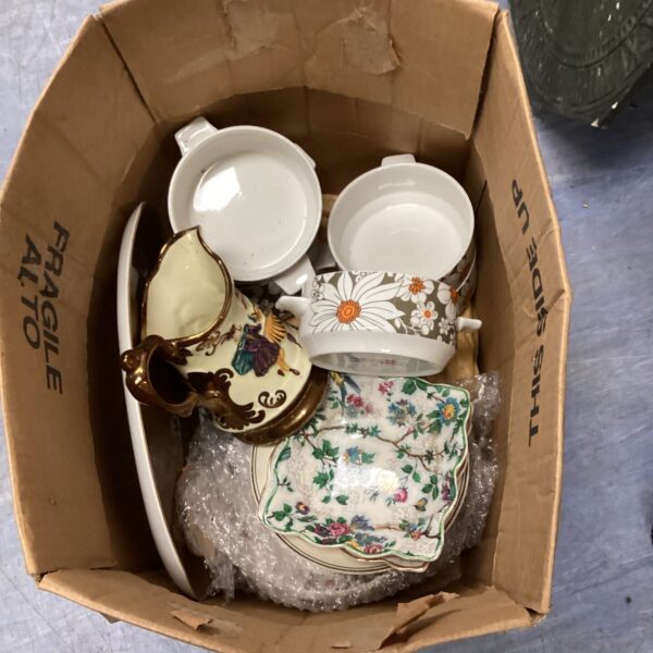 Vintage Staffordshire soup bowls and mixed china collection.