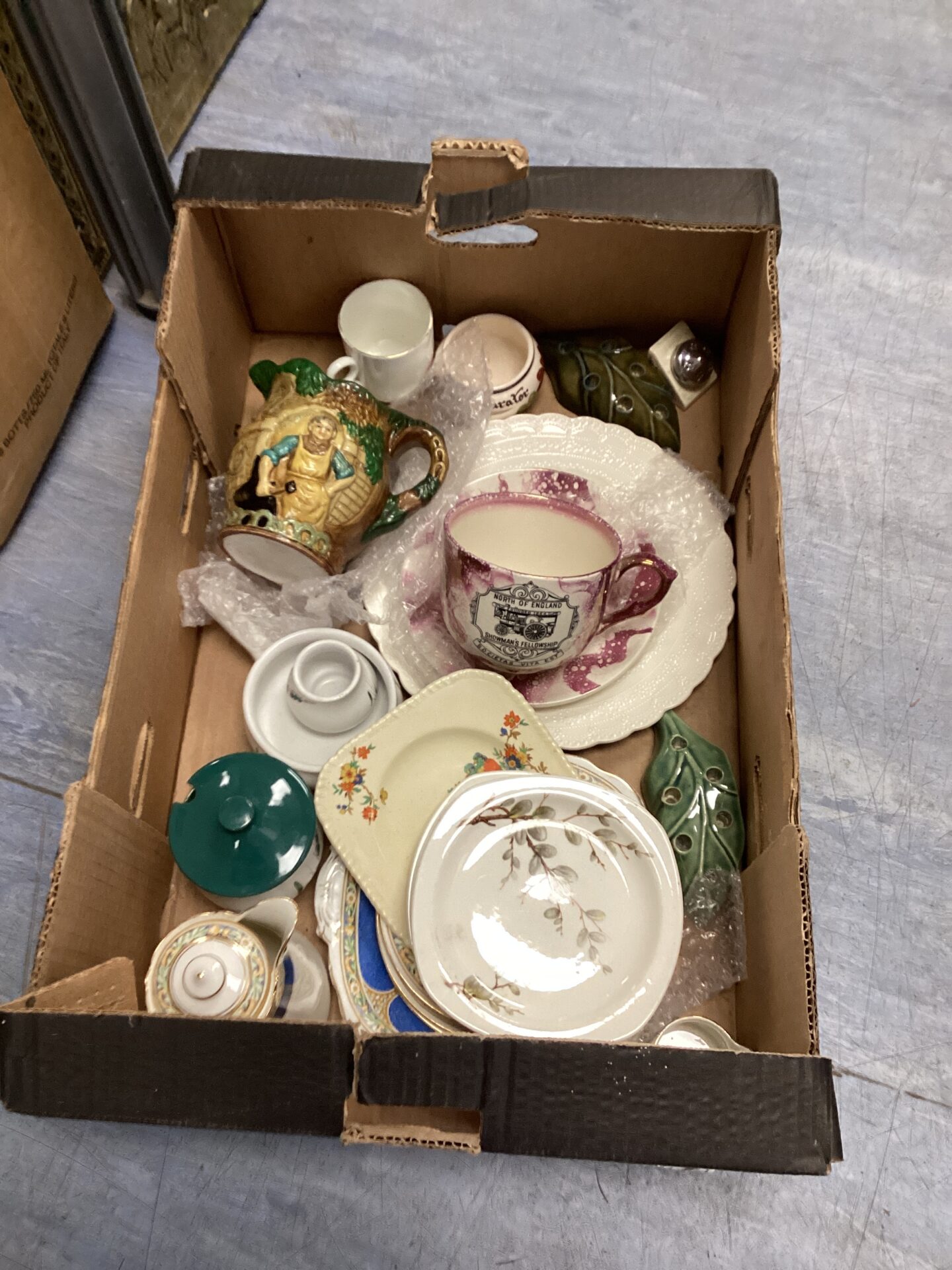 378 Box of mixed pottery items inc large Staffordshire Tea Cup and Saucer