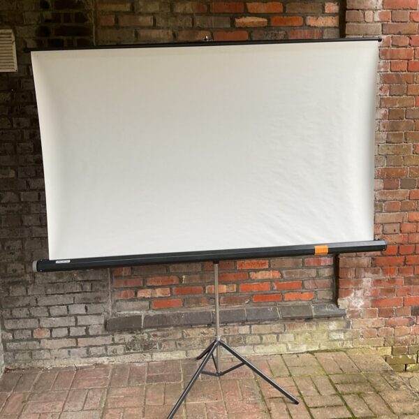 Large folding projector screen on tripod stand for home cinema.