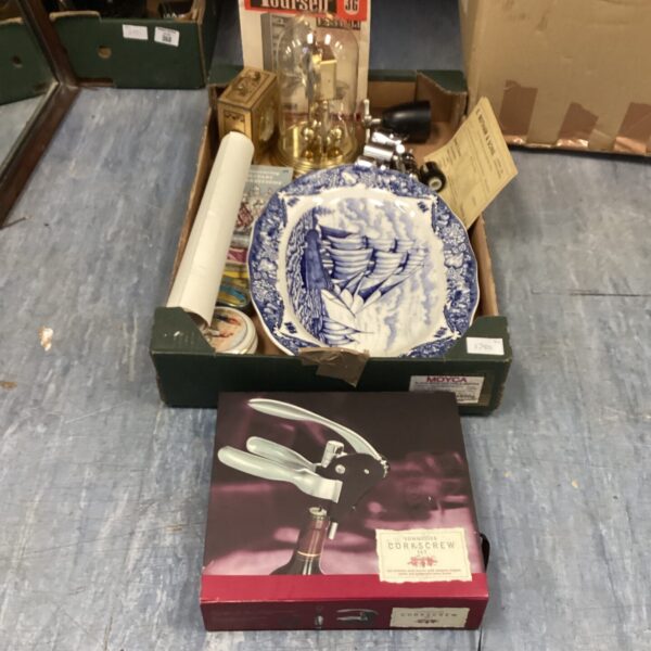 Vintage sommelier set with clock and decorative plate in a mixed lot.