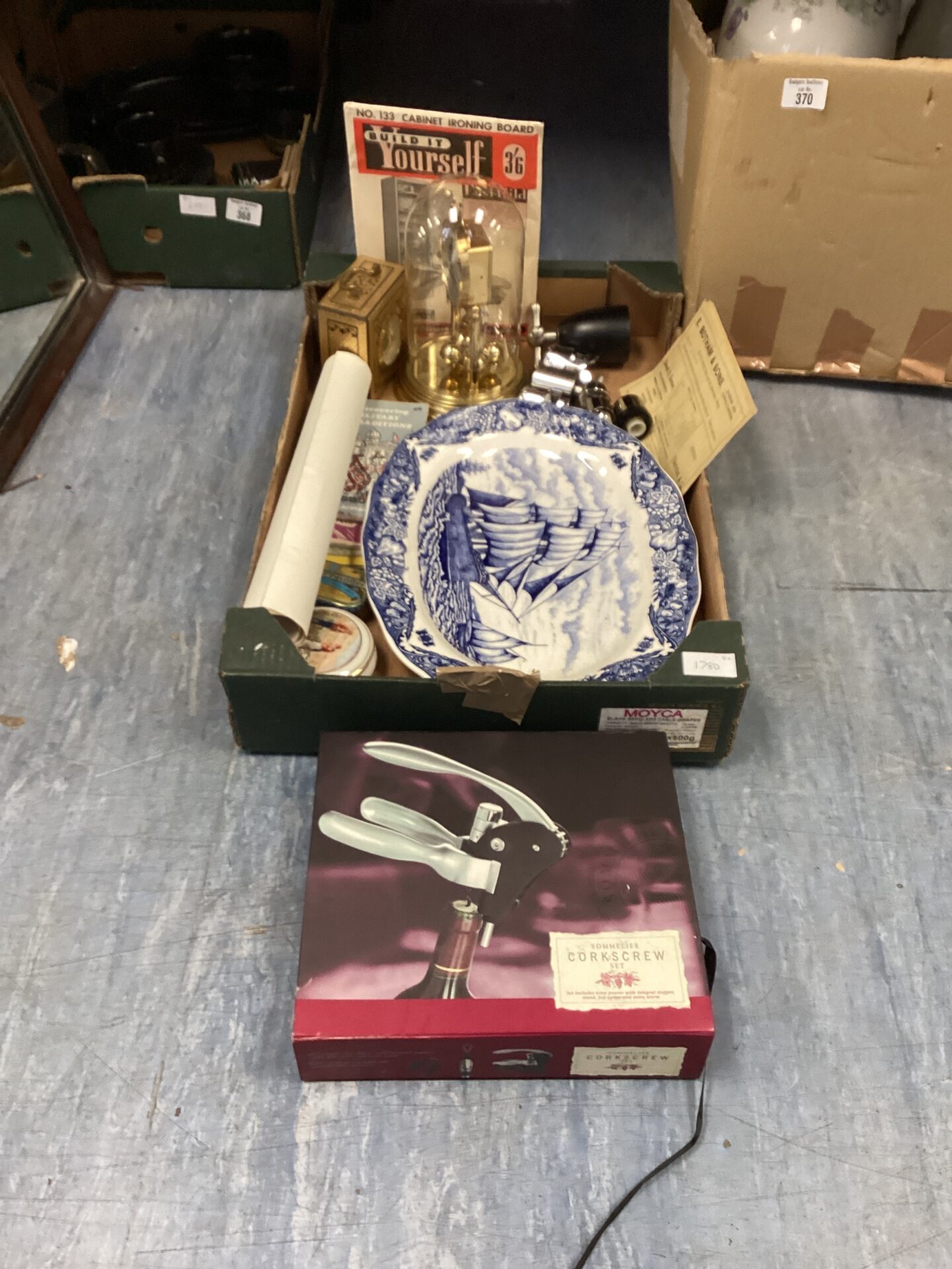 369 Box of mixed items inc clocks and sommelier set