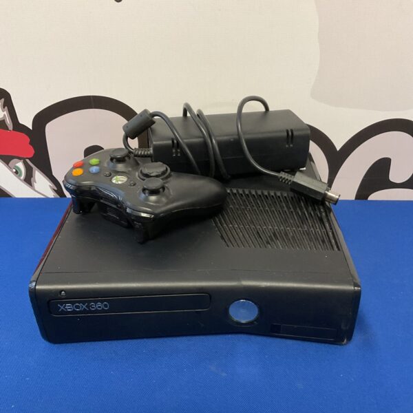 Microsoft Xbox 360 E console with controller and power supply for retro gaming.