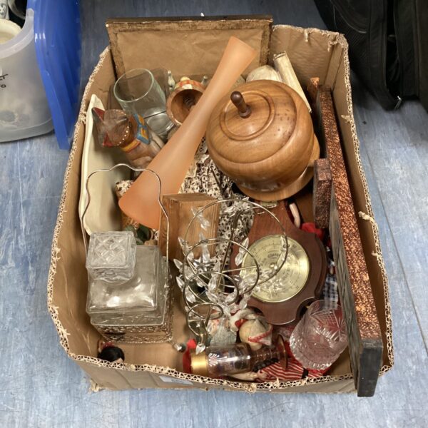 crate mixed items inc wood biscuit barrel & decanter