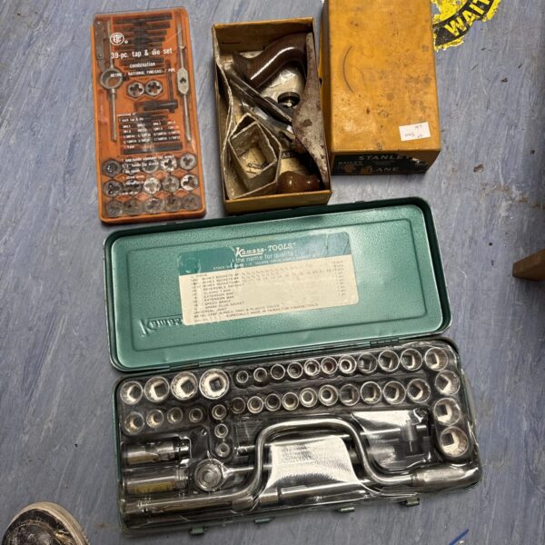 Vintage Kamasa tools socket set with Stanley plane and tap and die set.