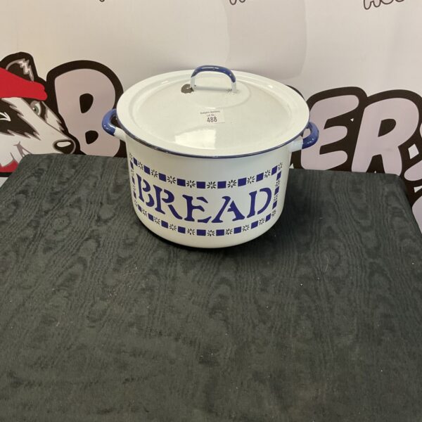 Vintage enamelled bread tin with blue detailing.