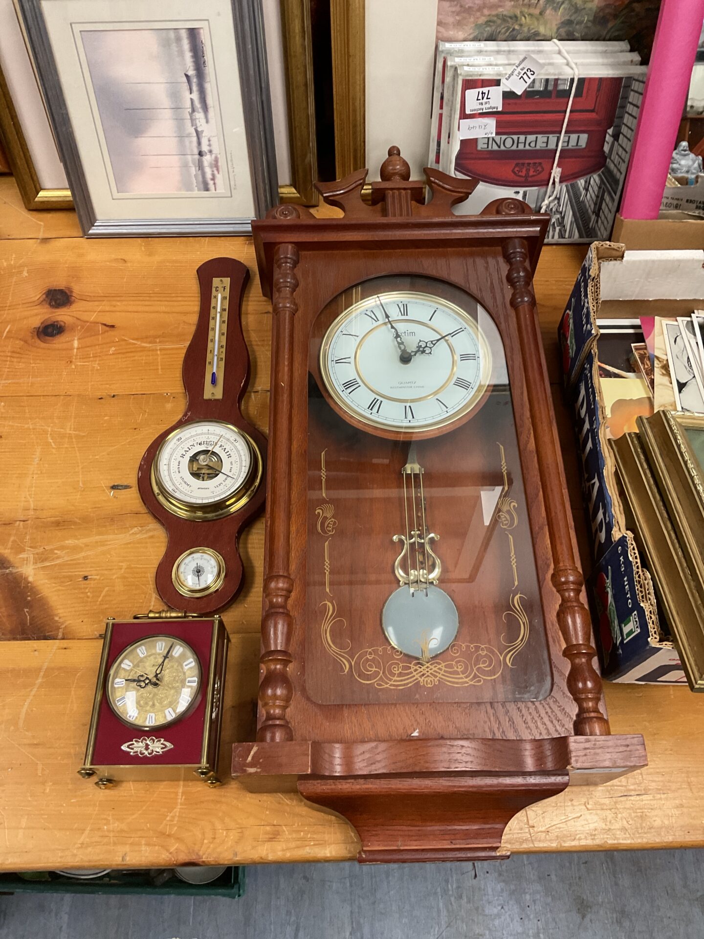 764 Acctim Westminster chime wall clock with bentima carriage clock & staiger barometer