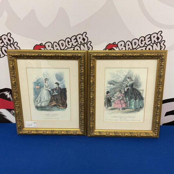Pair of antique French gilt framed prints depicting figures.