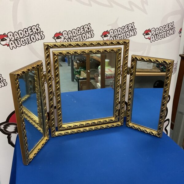 Vintage gilt framed trifold dressing table mirror for bedroom vanity.