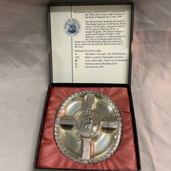 Bank of England 1994 silver dish featuring Britannia and St George.
