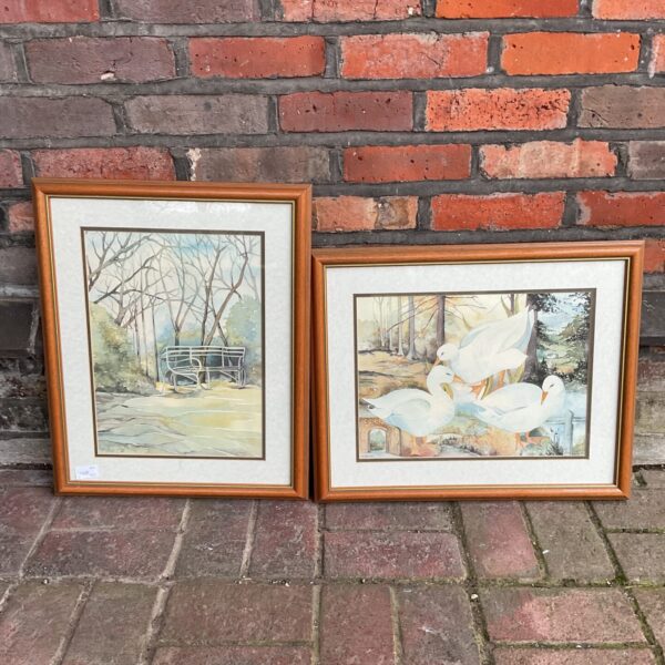 Limited edition C A Bossett print of Aylesbury ducks in a park landscape.