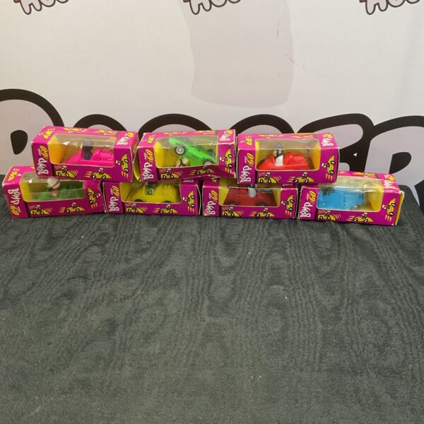Boxed lot of vintage bump and go toy cars, collectible retro toys.