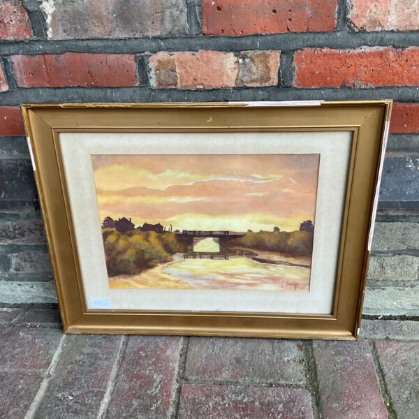 Vintage watercolor painting of a river sunset by L. Collridge.