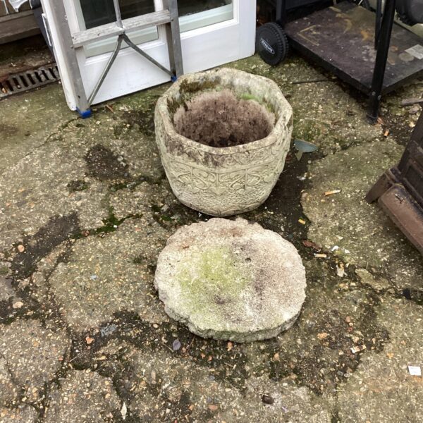 Weathered stone planter and base set, Cotstone garden ornament.