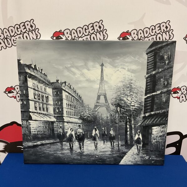 Vintage R Kingman oil painting of a Parisian street scene with the Eiffel Tower.