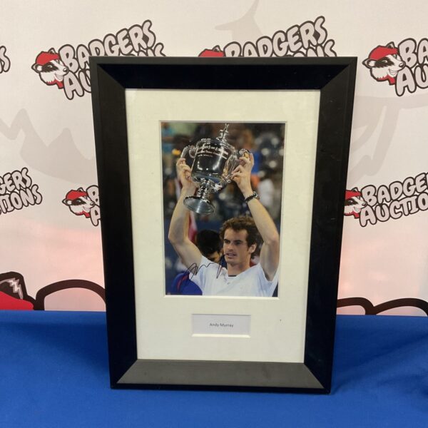 Framed signed Andy Murray photograph, a collectible tennis memorabilia item.