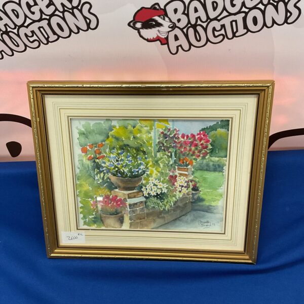 Signed watercolour painting of vibrant garden flowers in a still life.