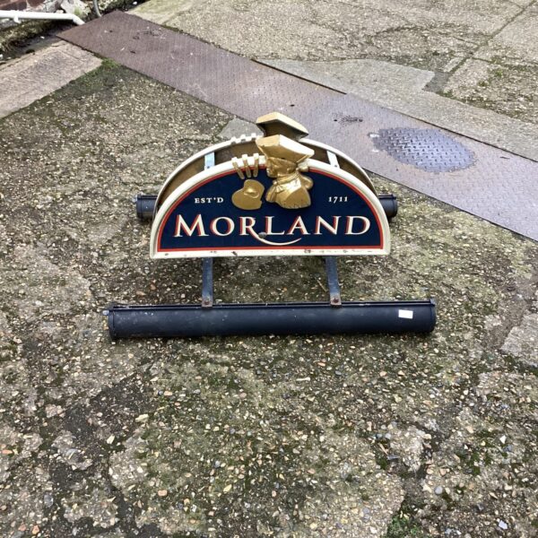 Vintage Moreland pub sign with hunting scene enamel finish.