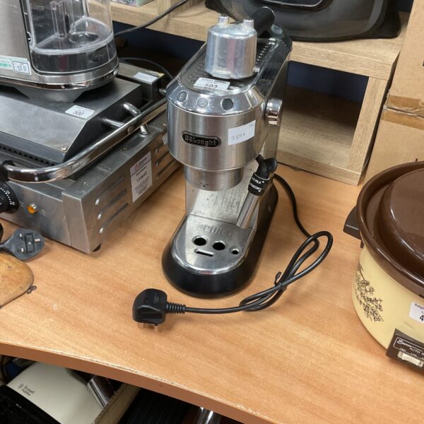 Front view of a Delonghi coffee machine, stainless steel and black.