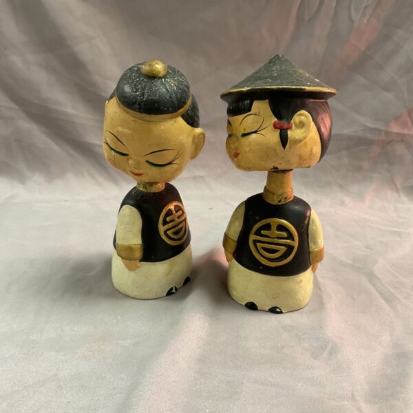 Vintage Chinese papier mache bobblehead with traditional design.