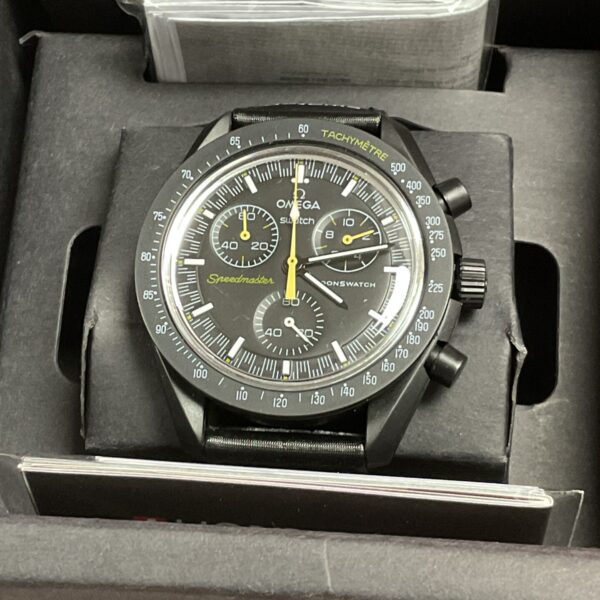 Front view of the Omega Swatch MoonSwatch Mercury bioceramic watch.