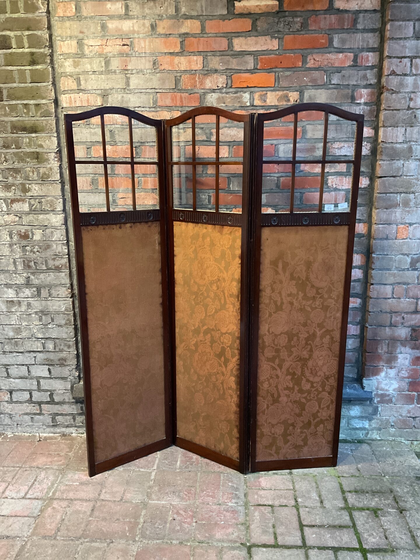 1019 1920s oak privacy screen with silk panels & glass windows